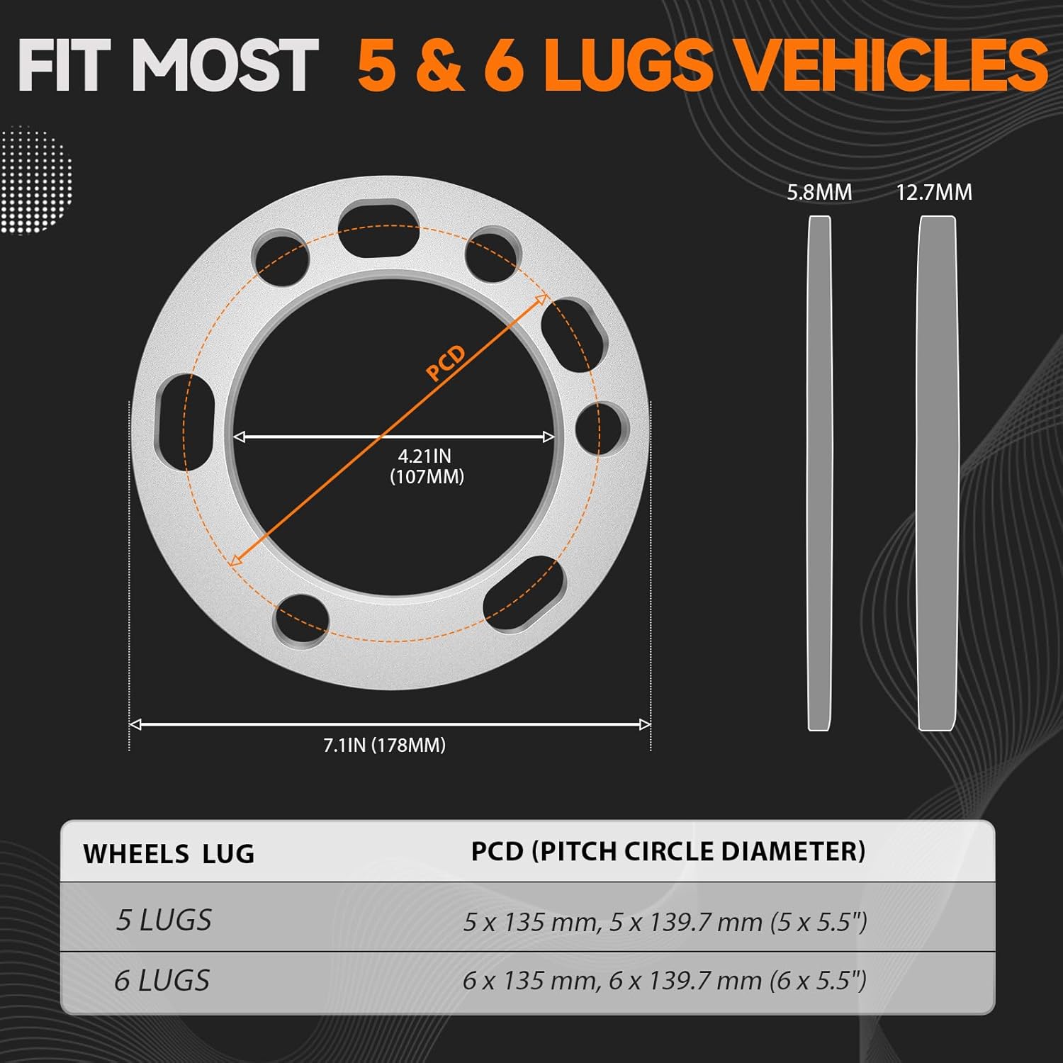 4 Pack Universal Wheel Spacers, 1/2" (12.7 mm) Die Cast Replacement Wheel Spacer for 5 & 6 Lugs Wheels/Rims, Fits 135 to 139.7 mm Multiple Bolts Pattern, 5x135, 5x139.7, 5x5.5, 6x135, 6x139.7