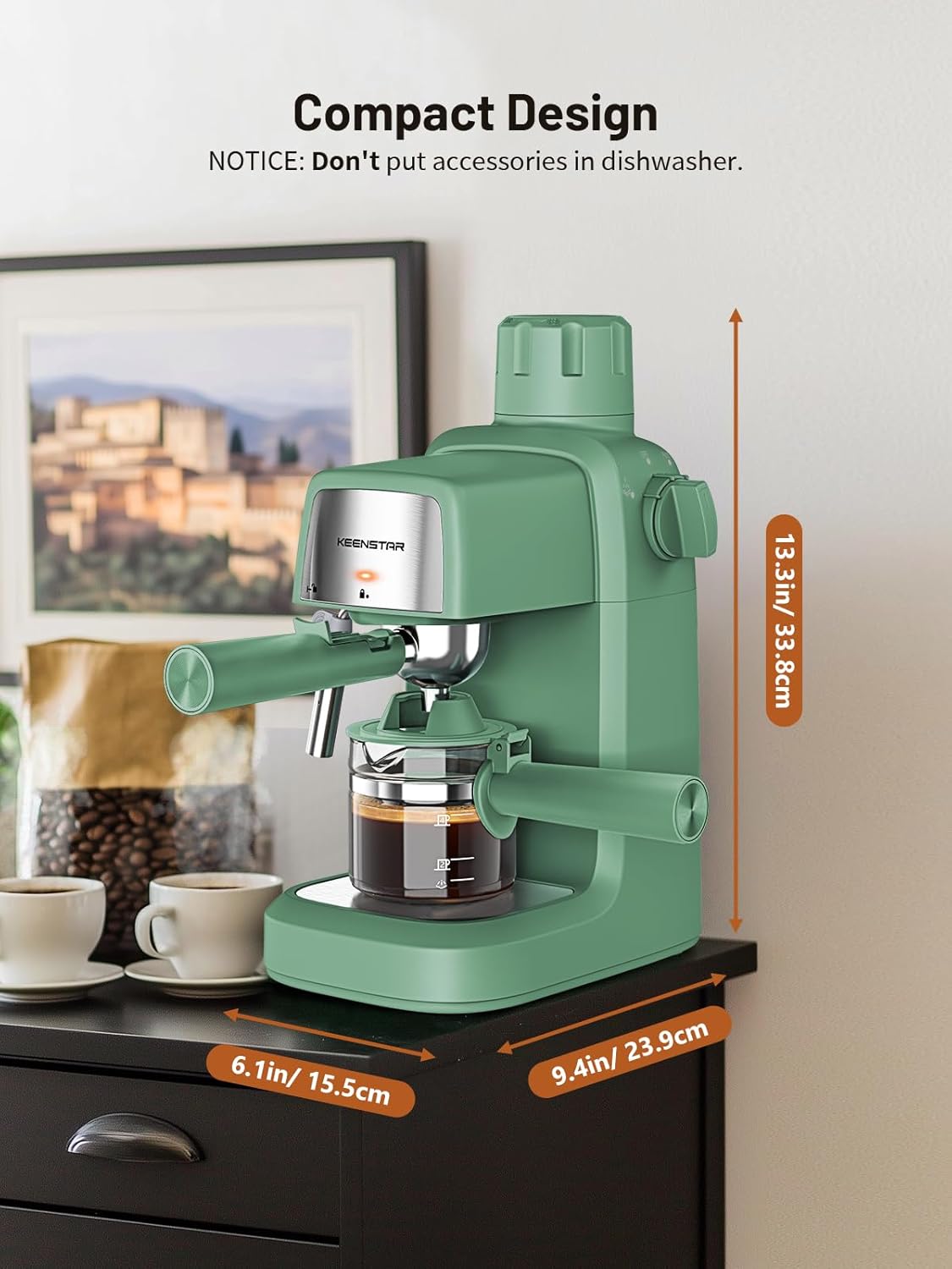 Compact 3.5-Bar Espresso Machine with Milk Frother, 4-Cup Coffee Maker 6
