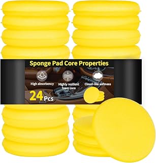 24 Pack Yellow Foam Wax Applicator Pads - 4 Inch Round Polishing Sponges for Cars, Detailing, Furniture & More