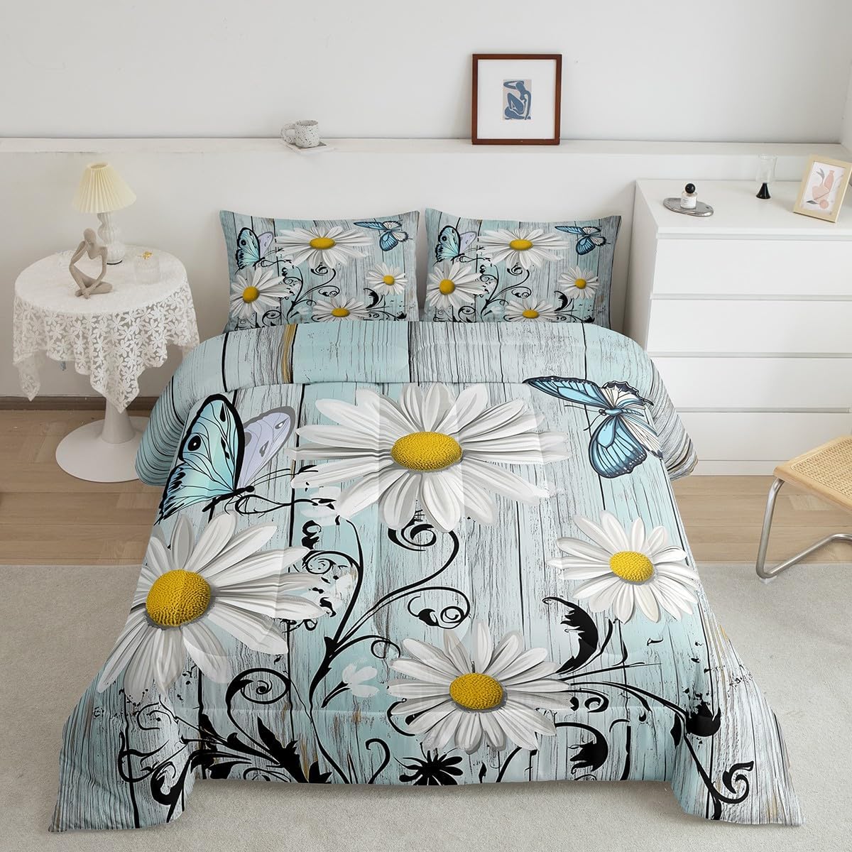 Erosebridal Daisy Floral Comforter Set, Farmhouse Country Bedding Set Cute Butterfly Quilted Duvet Old Barn Door Rustic Branches Down Comforter 3 Pcs with 2 Pillow Cases, Teal and Grey(Queen Size)