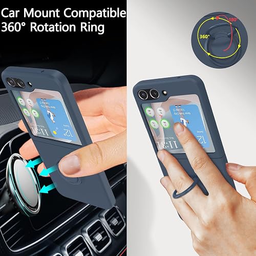 UEEBAI Silicone Case with Ring for Samsung Galaxy Z Flip 5 5G, Lightweight Foldable Slim Case Shock Absorption Slim Cover with Ring 360 Degree Rotation Stand Protective Cove - Sapphire Blue - 6