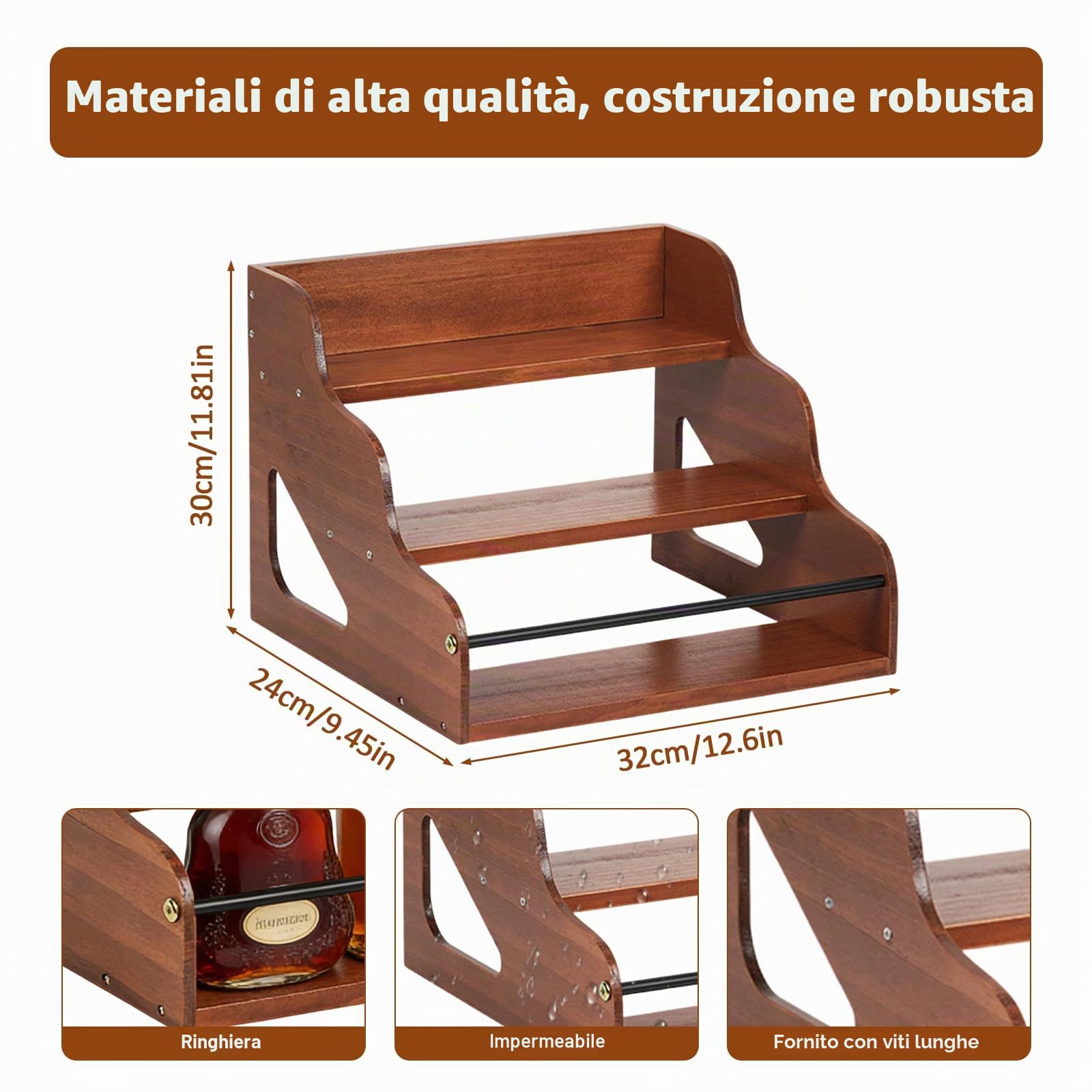 Scaffale espositore per Bottiglie di liquore a 3 Livelli | in legno rustico, organizer per sciroppo da caffè,portabottiglie per vino,scaffale da banco,supporto per stazione da caffè