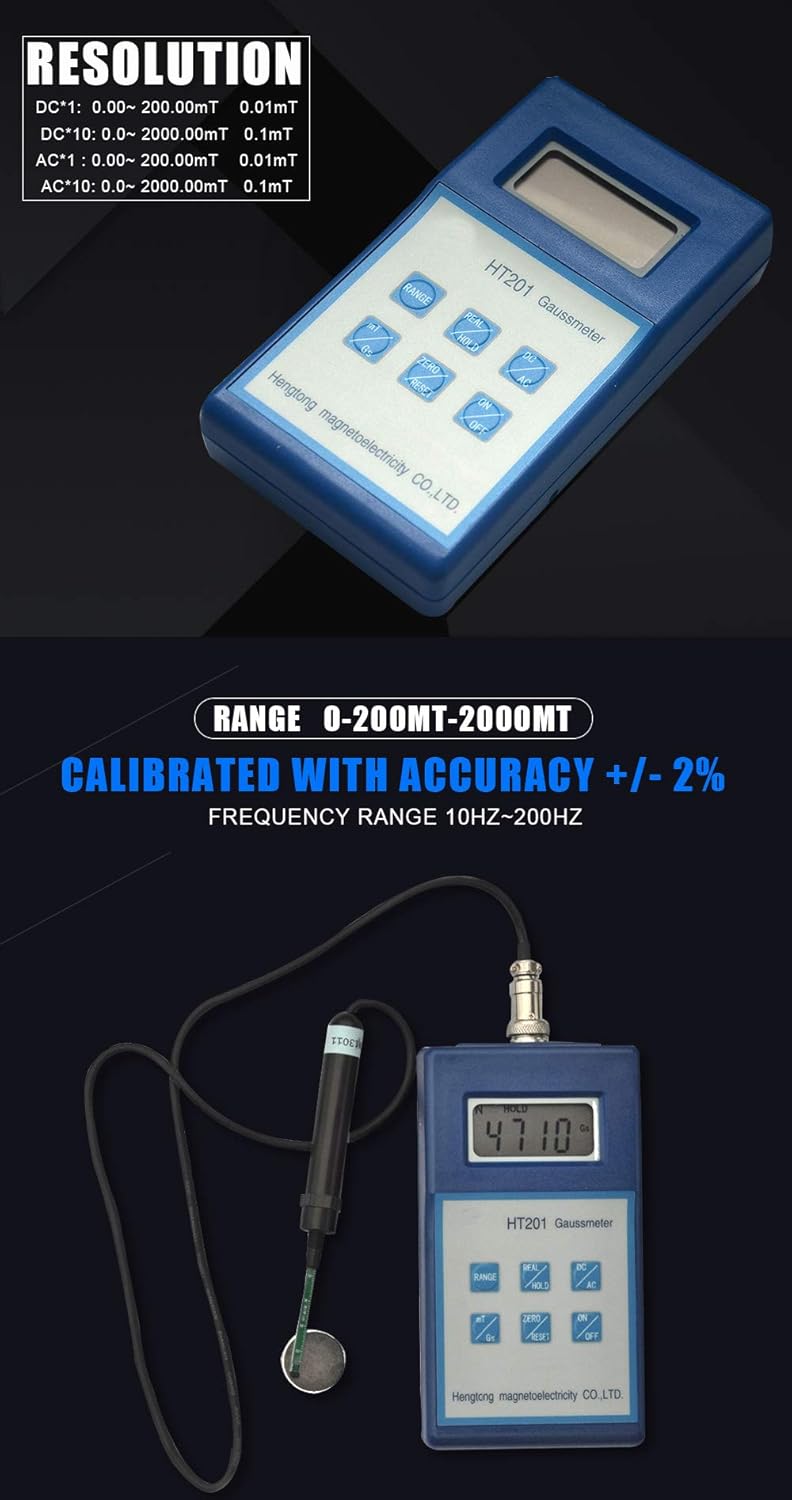 Digital Gauss Tesla Meter Gaussmeter HT201 Handheld High Precision Measuring Range 0-200mT-2000mT Gauss Tester