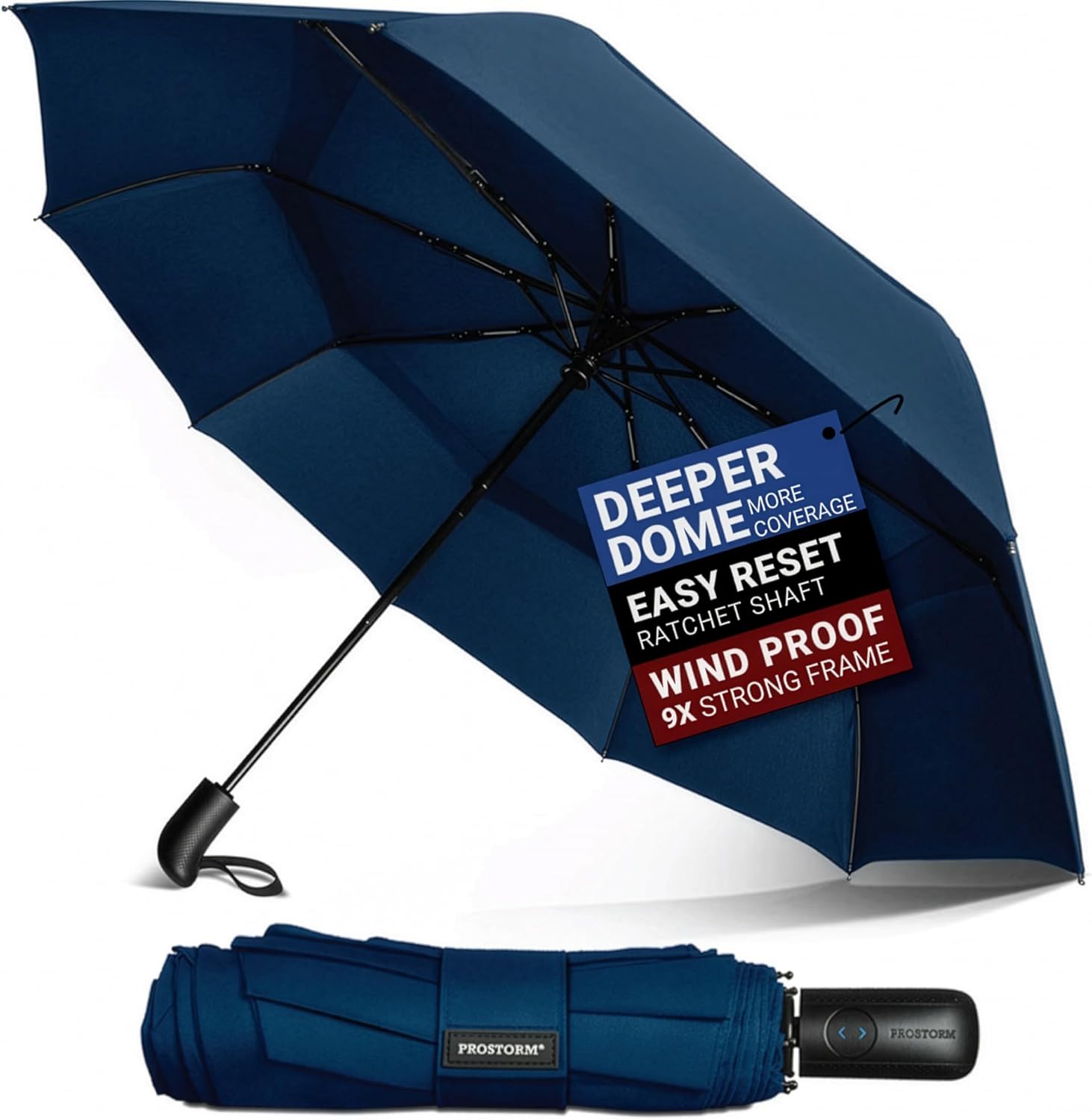Prostorm Vented Travel Umbrella | Strong Compact Windproof Umbrella | Deep Dome Coverage | Auto Open/Close | Portable Pop Up with Large Coverage | Fits Car & Backpack
