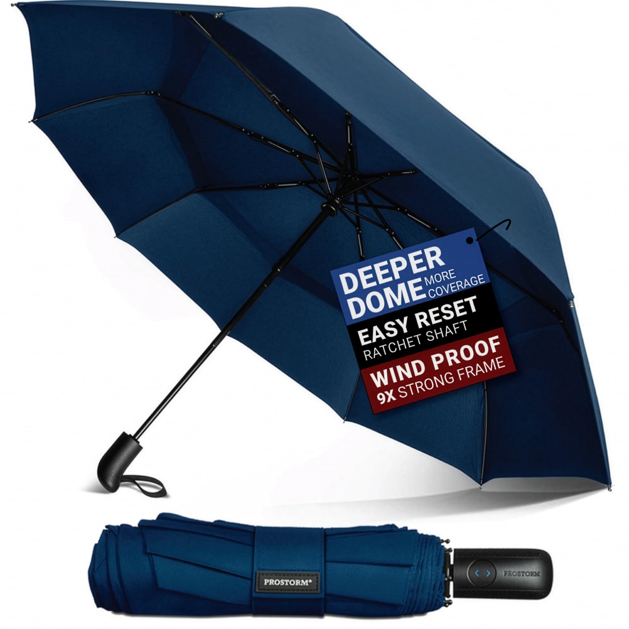 Prostorm Paraguas de viaje ventilado resistente al viento, apertura y cierre automáticos, fuerte, resistente al viento, Pro Storm, pequeño, compacto, mini, plegable y portátil, mochila, coche, bolso, | Cubierta de cúpula profunda, ligera, apertura y cierr