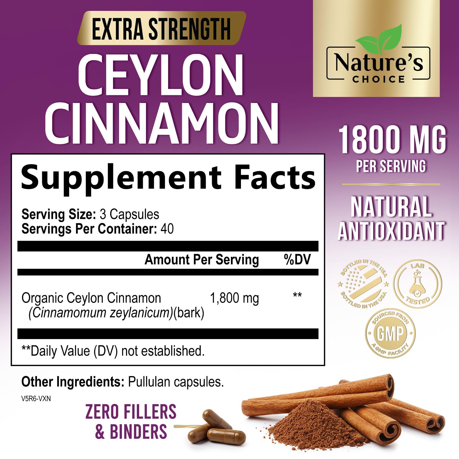 Ceylon Cinnamon Capsules - Certified Organic Ceylon Cinnamon Powder - 100% Extra Strength Cinnamon Pills - Energy & Heart Support - Gluten Free & Sugar Free Supplement - Bottled in USA - 120 Capsules — Amazon image 2