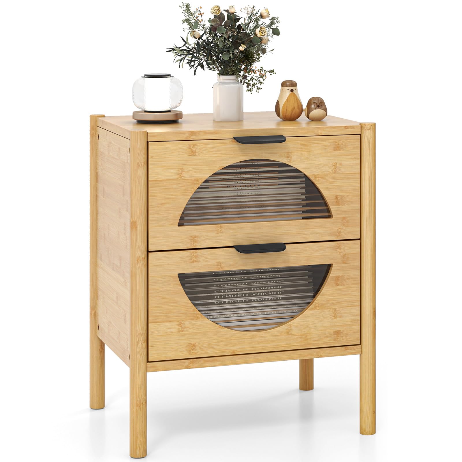 COSTWAY Bedside Table, Bamboo Nightstand Sofa Side Table with 2 Storage Drawers and Tempered Glass Fronts, Accent Bedside Cabinet Tea End Table for Living Room Bedroom, 45x40x56cm, Natural (1)