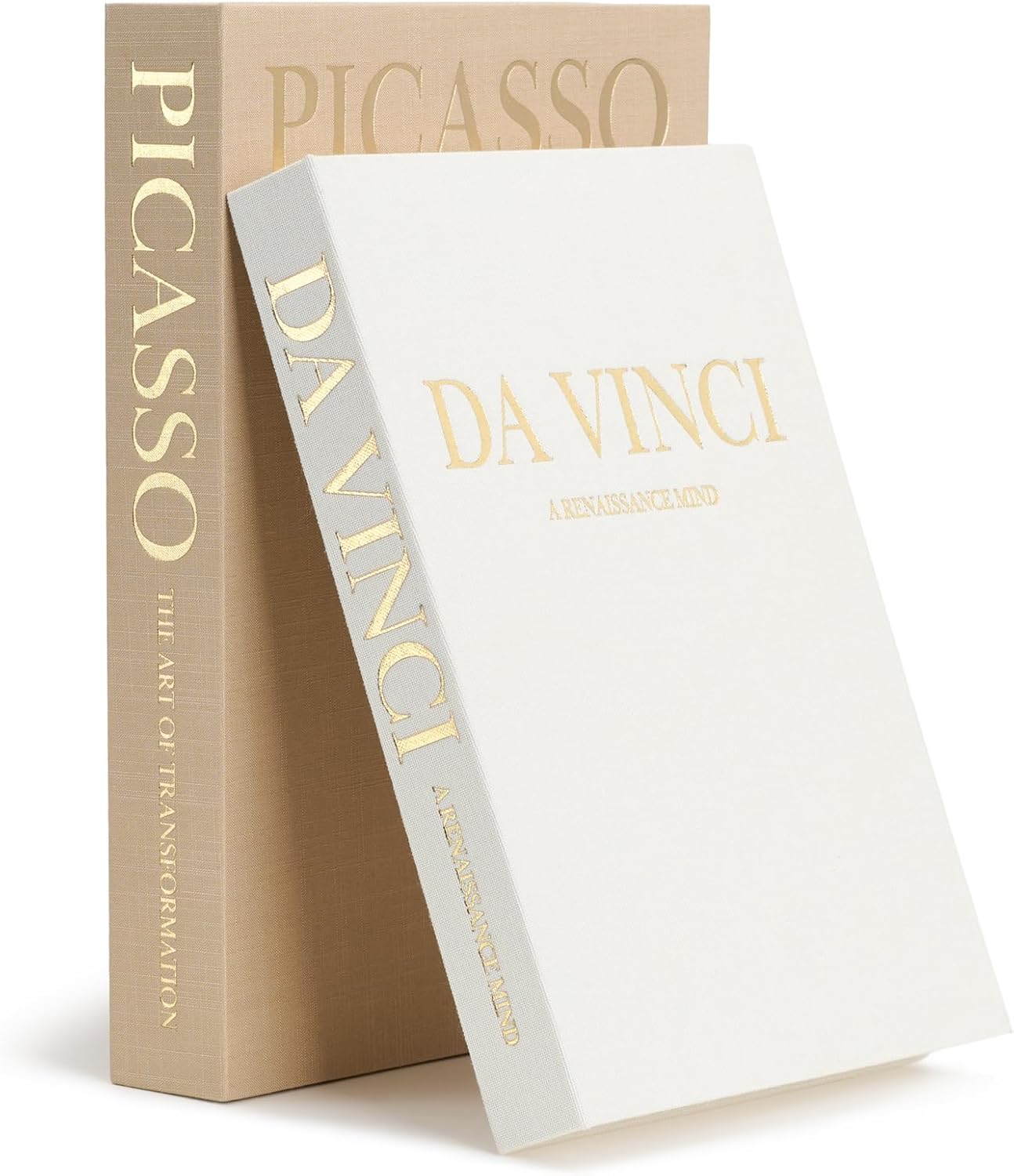 Decorative Storage Books Set (2) – Premium Linen Coffee Table Decor – Neutral Taupe & Beige – Da Vinci & Picasso Hidden Book Storage Box