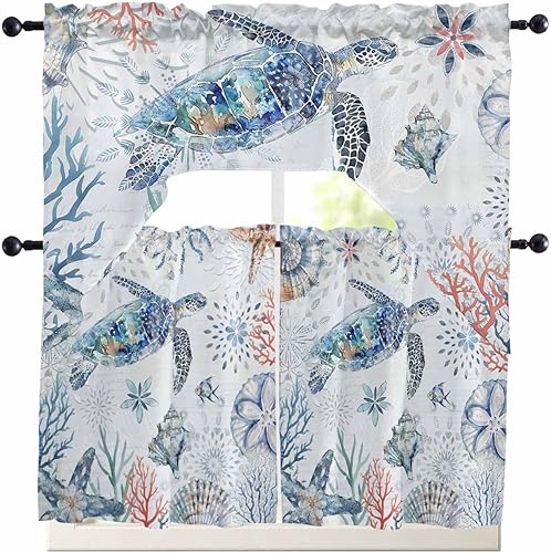 Miniatura 8 de Cortinas de cocina con cenefa de cangrejo oceánico, cenefa con bolsillo para barra, paneles de cortina para dormitorio, sala de estar, baño,