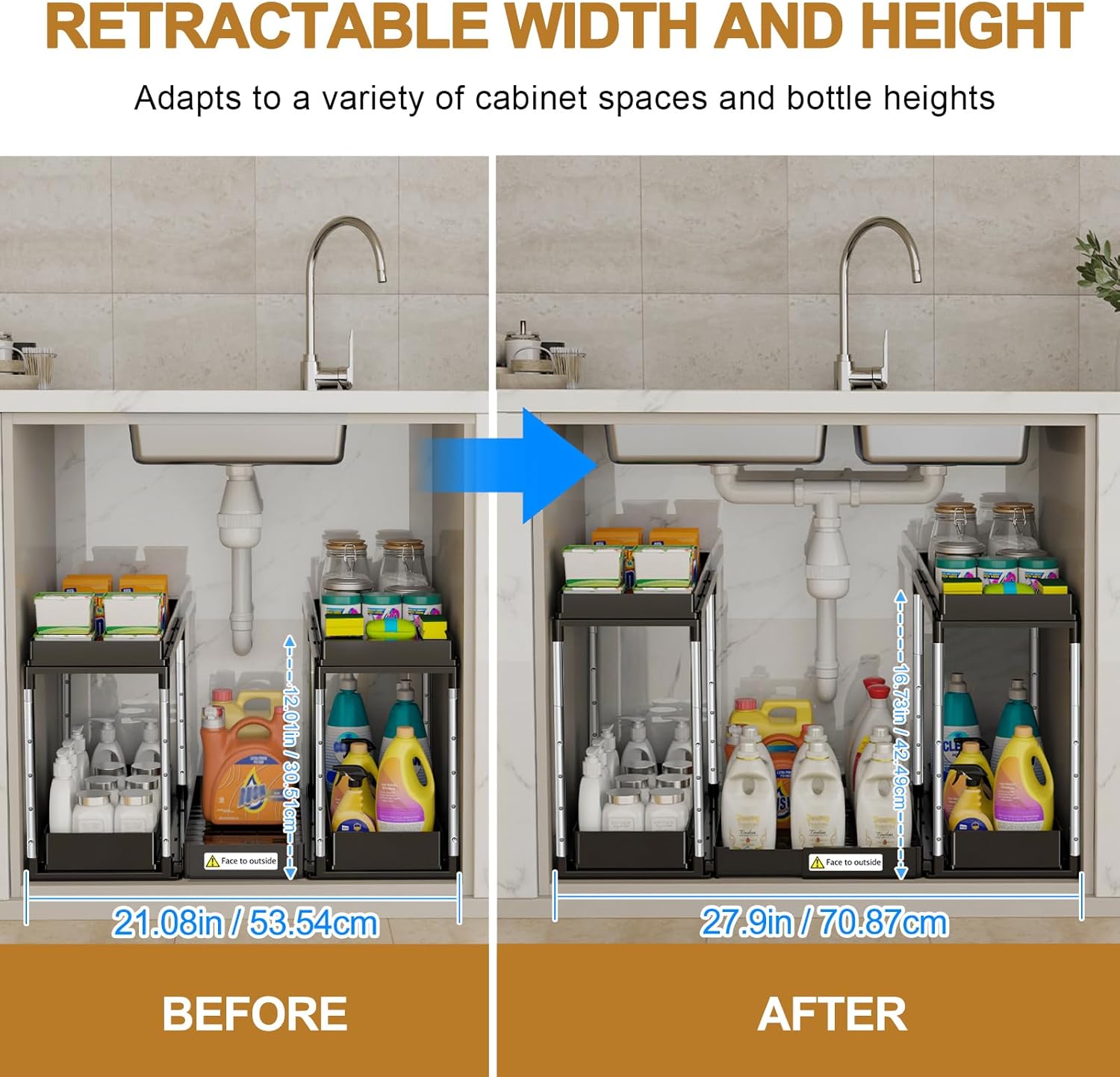 NIUXX Expandable Under Sink Organizer: 2 Tier Height Adjustable Under Cabinet Organizer - Double Pull Out Shelf Under Sink Storage for Kitchen - Bathroom and Laundry Room - Space Saving