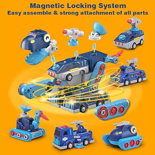 Miniatura 2 de Juguete magnético para vehículos, 5 en 1, camiones de construcción de herramientas que se transforman en dinosaurio, robot STEM para ensamblar el