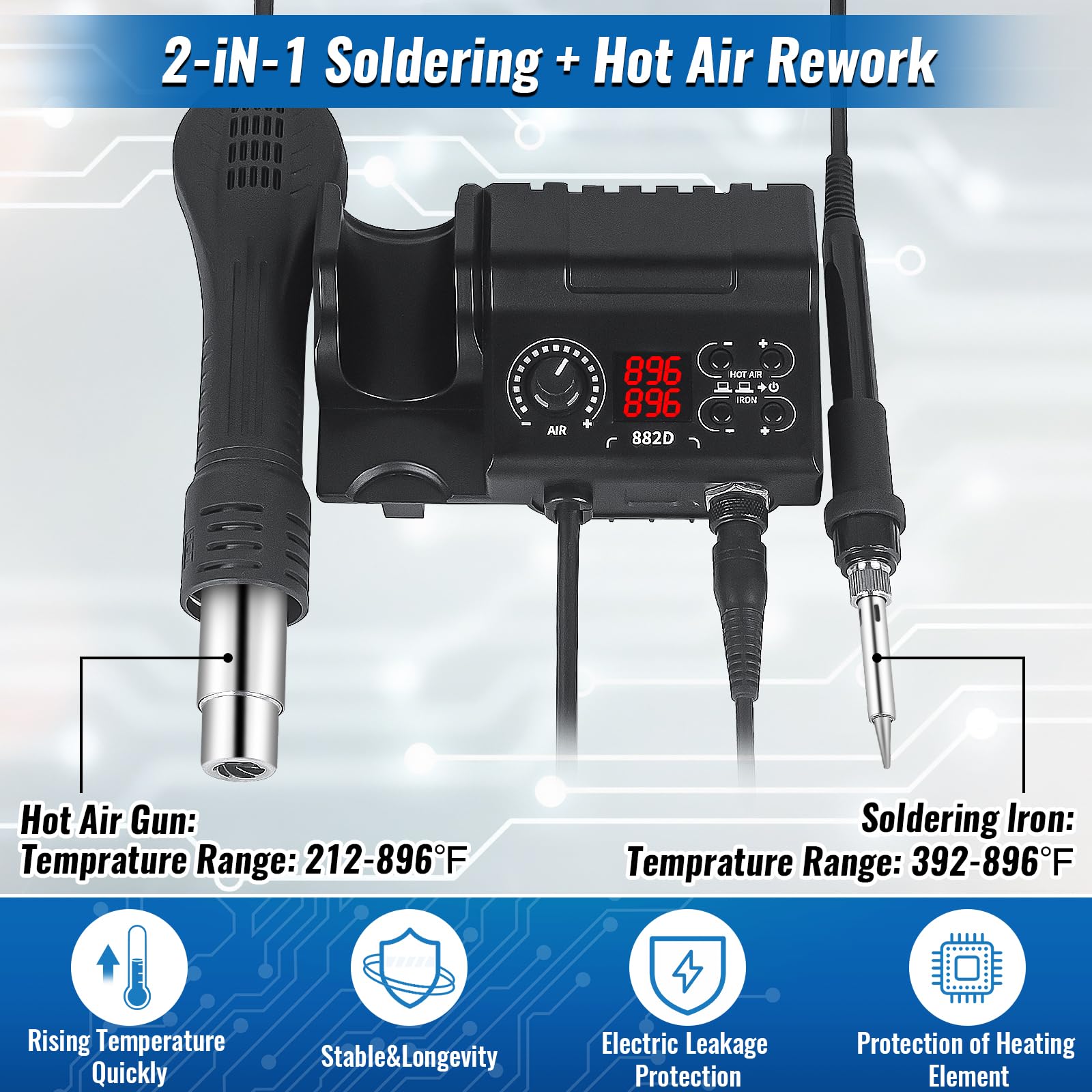 TOOLSLAND Soldering Iron Station with Solder Kit, Updated 882D 2-IN-1 SMD Hot Air Rework Station with 3 Hot Air Nozzles, 5 Soldering Tips, Solder Wick Braid, Solder Wire, Cleaner, Desoldering Pump,etc