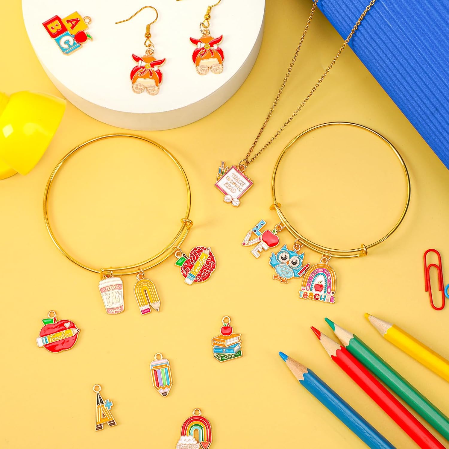 MARFOREVER Teacher Charms, 40Pcs/20 Pairs Student School Charms for Jewelry Making, Assorted Pencil Book Globe Enamel Charm Pendants for Bracelet Necklace Earrings Making Accessories - Image 5