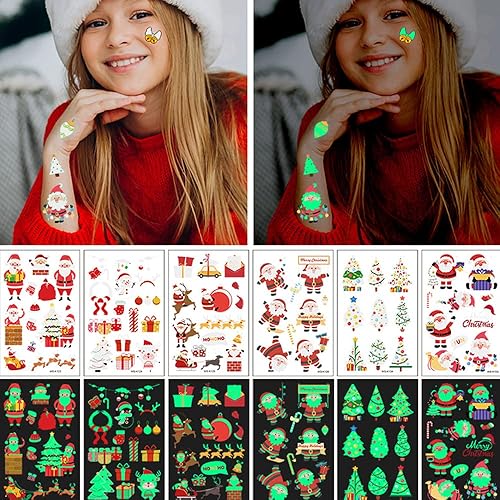 Miniatura 2 de 16 hojas de Navidad impermeables para niños tatuajes temporales suministros de fiesta que brillan en la oscuridad calcomanías luminosas Papá Noel