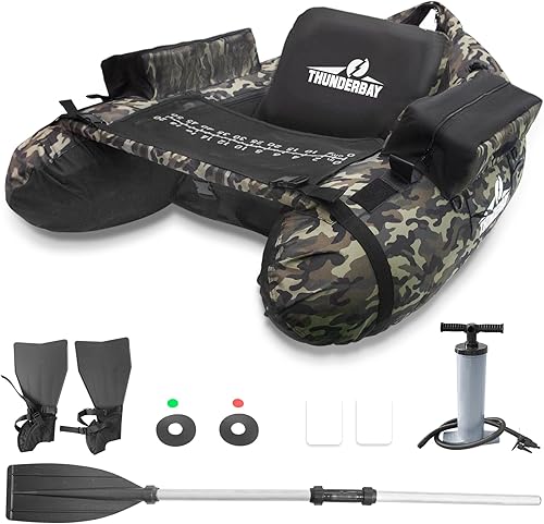 ThunderBay Tubo de flotador inflable, tubo de flotador de pesca con paleta, aletas, regla de pescado, bomba, bolsillos de almacenamiento, correas