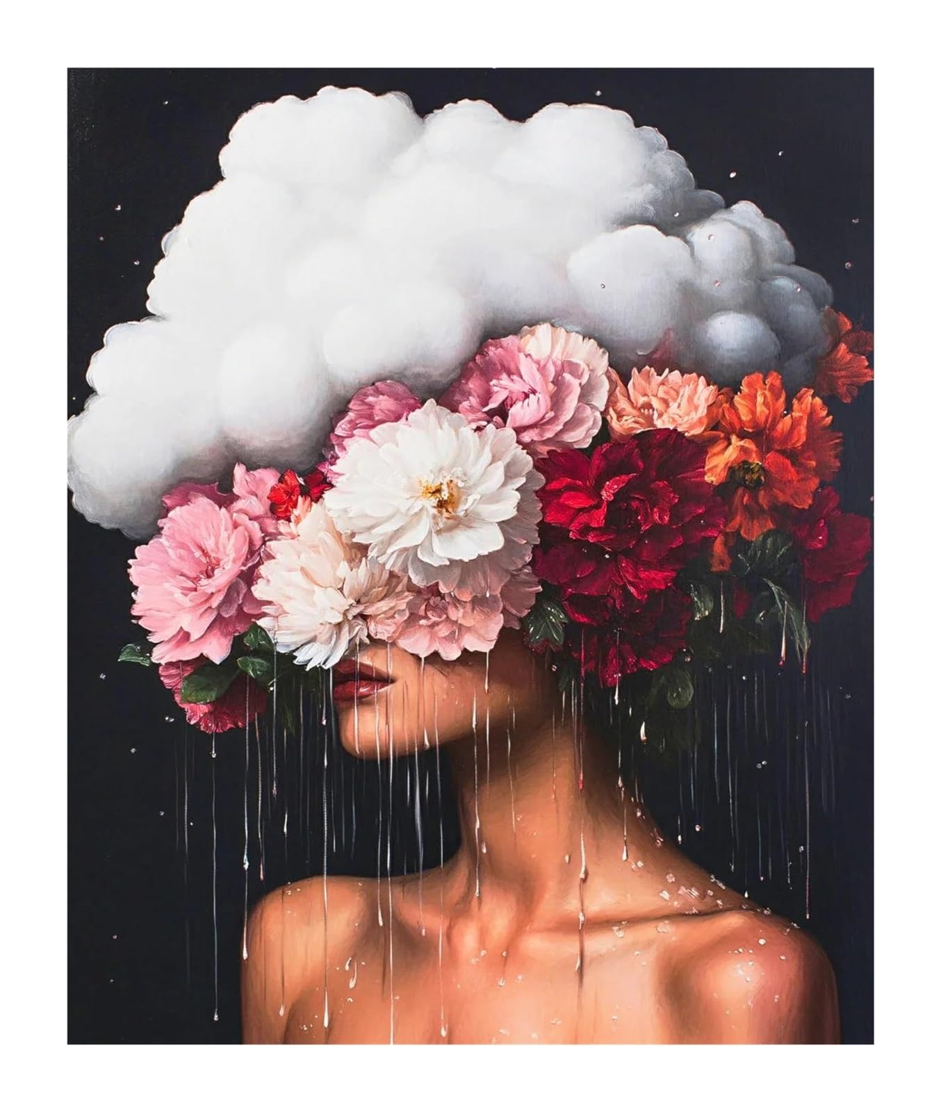 Tableau déco nature aux pigments intenses avec motifs de nuages et pluie rétro