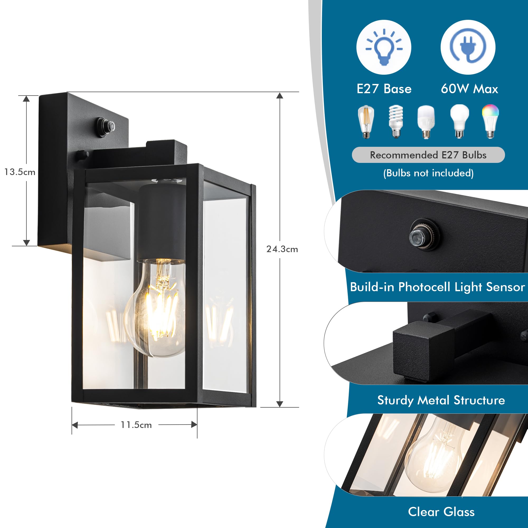 FTL Außenwandlampe mit Dämmerungssensor 2-pack, E27 Kleine Aussenlampe Wand, Ausenbeleutung Hauswand Sicherheitsbeleuchtung mit automatischem Ein-/Ausschalten, IP44 Außenwandlaterne für Garten Flur