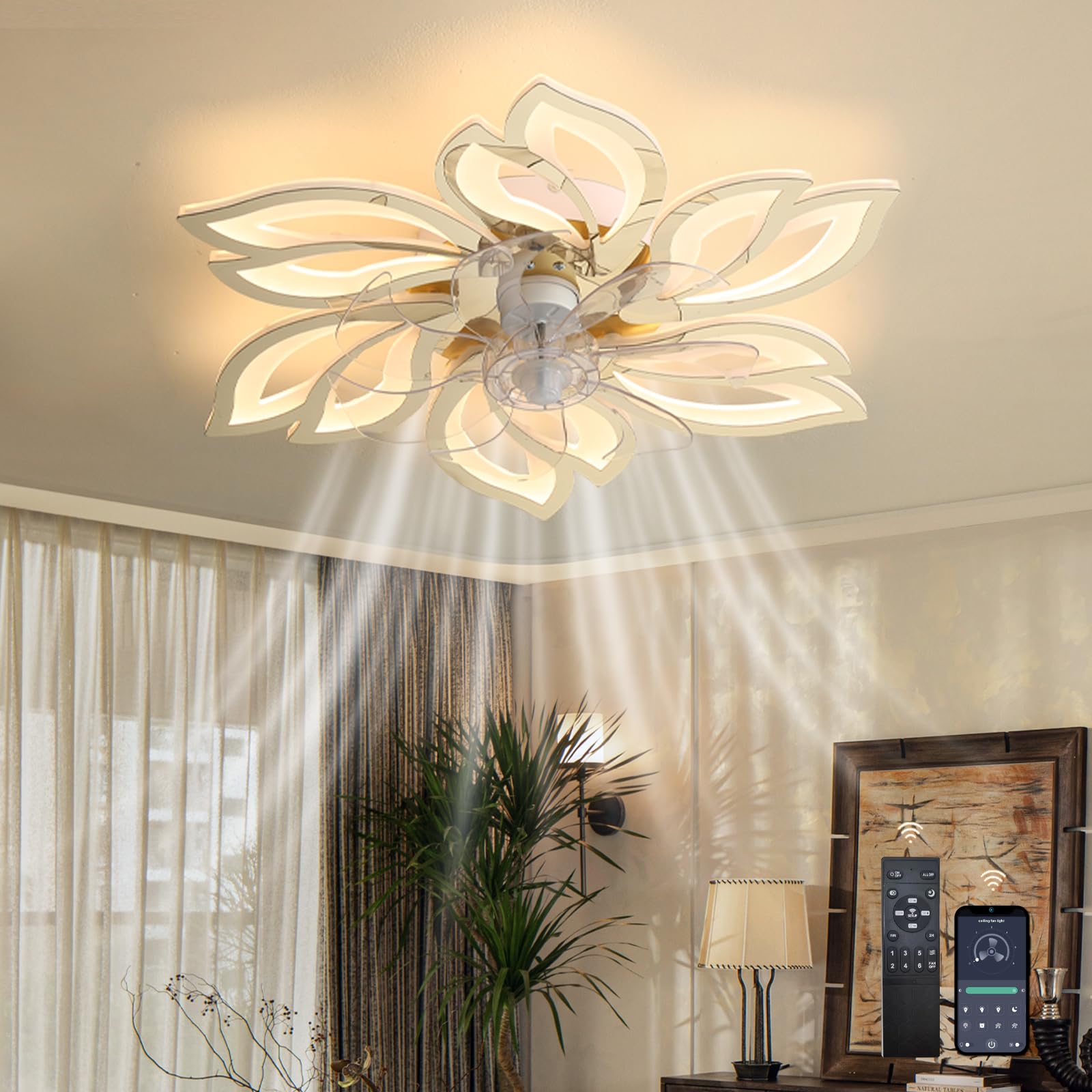 HXYSXHJUO Ceiling Fans with Lights and Remote APP 65CM Modern Leaf Flush Mount Lamps Dimmable LED Quiet Low Profile Smart Fan Light for Bedroom Living Room-Gold-Chrome