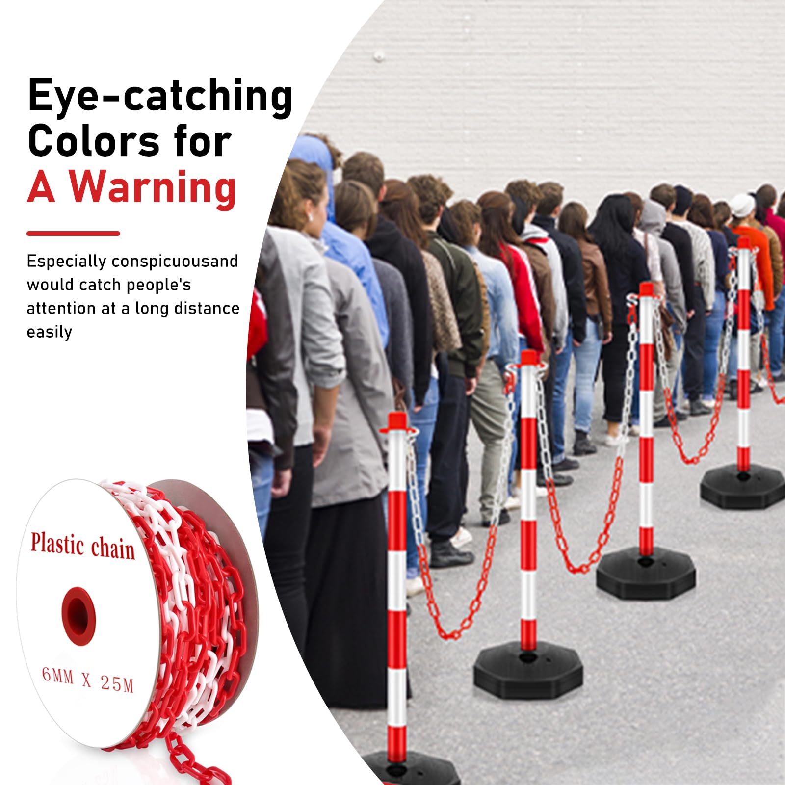 Catena Barriera Plastica Bianco Rosso 25m per Parcheggio con Moschettoni Alta Visibilità
