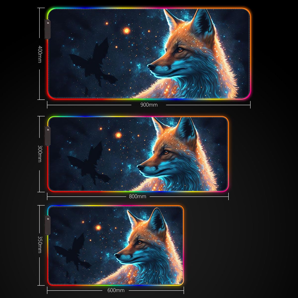 Tappetino per mouse RGB, luce LED, tappetino per mouse con base in gomma, colorato per computer, tappetino da scrivania per PC e laptop, volpe neon, 40 x 90 cm
