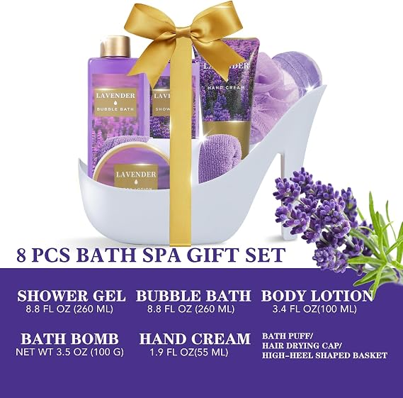SPA LUXETIQUE Bath Gift Sets for Women, Mothers Day Gifts, 8PCS Lavender Luxury Spa Gifts Set, Bath Spa Gift Basket with Bubble Bath, Shower Gel, Pamper Gifts for Women, Birthday Gifts for Her, Mum