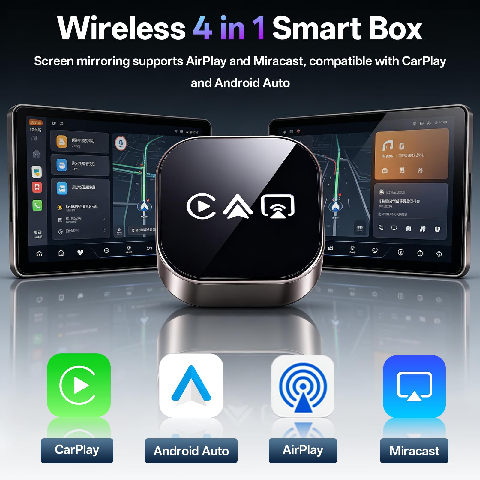 2026 4-in-1 Wireless CarPlay Adapter – Kabelgebunden zu Kabellos für CarPlay & Android Auto, 2.4+5.8GHz Dualband WiFi, mit MirrorLink & AirPlay Spiegelung, kompatibel für iPhone & Android, Schwarzweiß