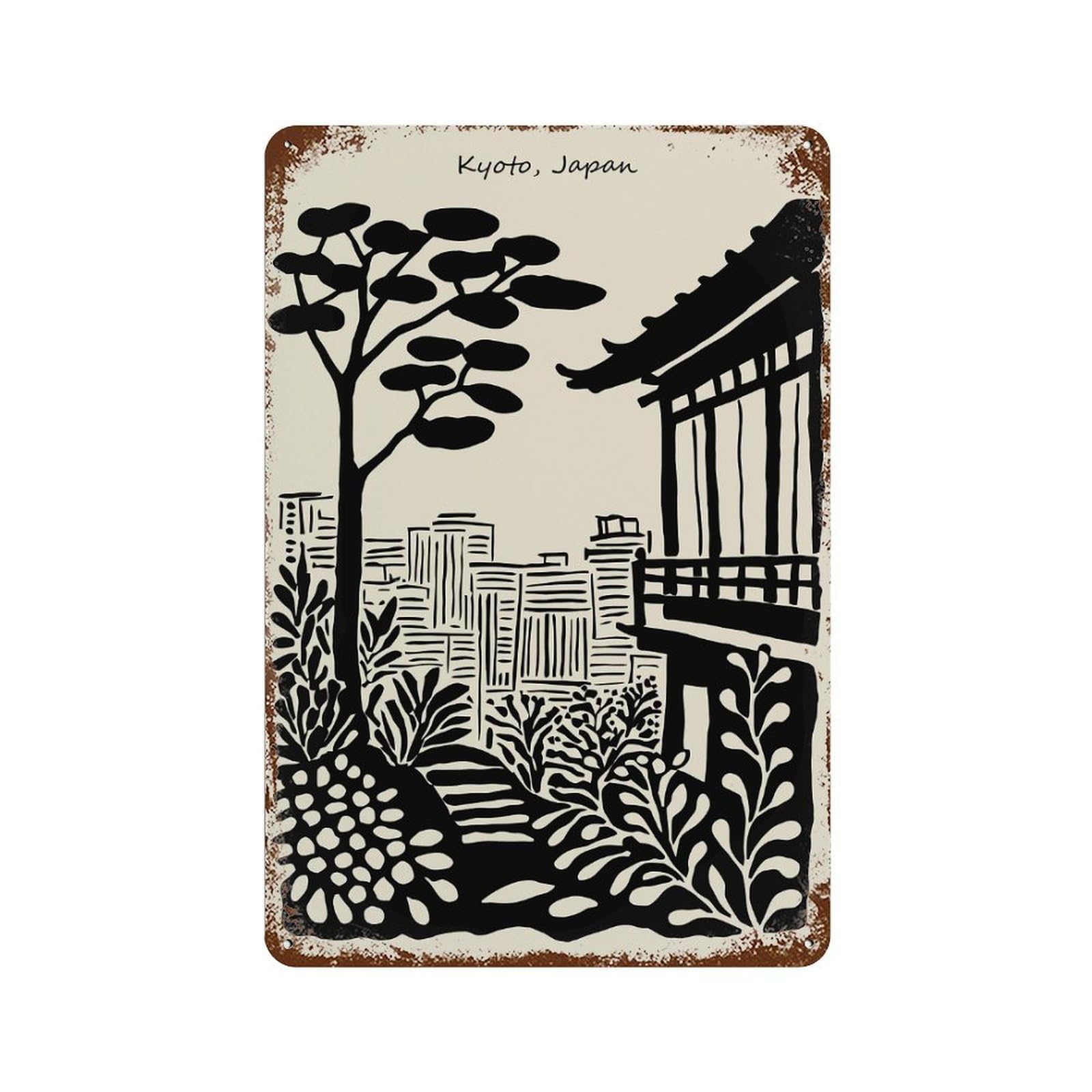 Rust Effect Kyoto, Japan Illustration Weathered Tin Sign 11.8"x7.9", Farmhouse Wall Decor for Farmhouse, Kitchen And Entryway Decor