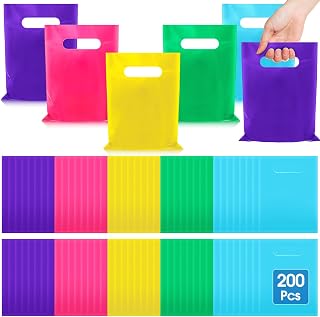 Janlaugh 200 Pcs 2.5 Mils Multicolor Small Plastic Bag for Business with Die Cut Handle 6 x 8 in Reusable Thick Merchandise Shopping Bag for Retail Glossy Treat Goodie Gift Wrapping Party