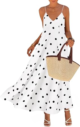 KIRUNDO Womens Polka Dot Spaghetti Strap Flowy Maxi Dress | Sleeveless V Neck Boho Long Dresses, 2026 Summer Beach Vacation Cruise Outfits, A-Line Backless Sundress With Pockets