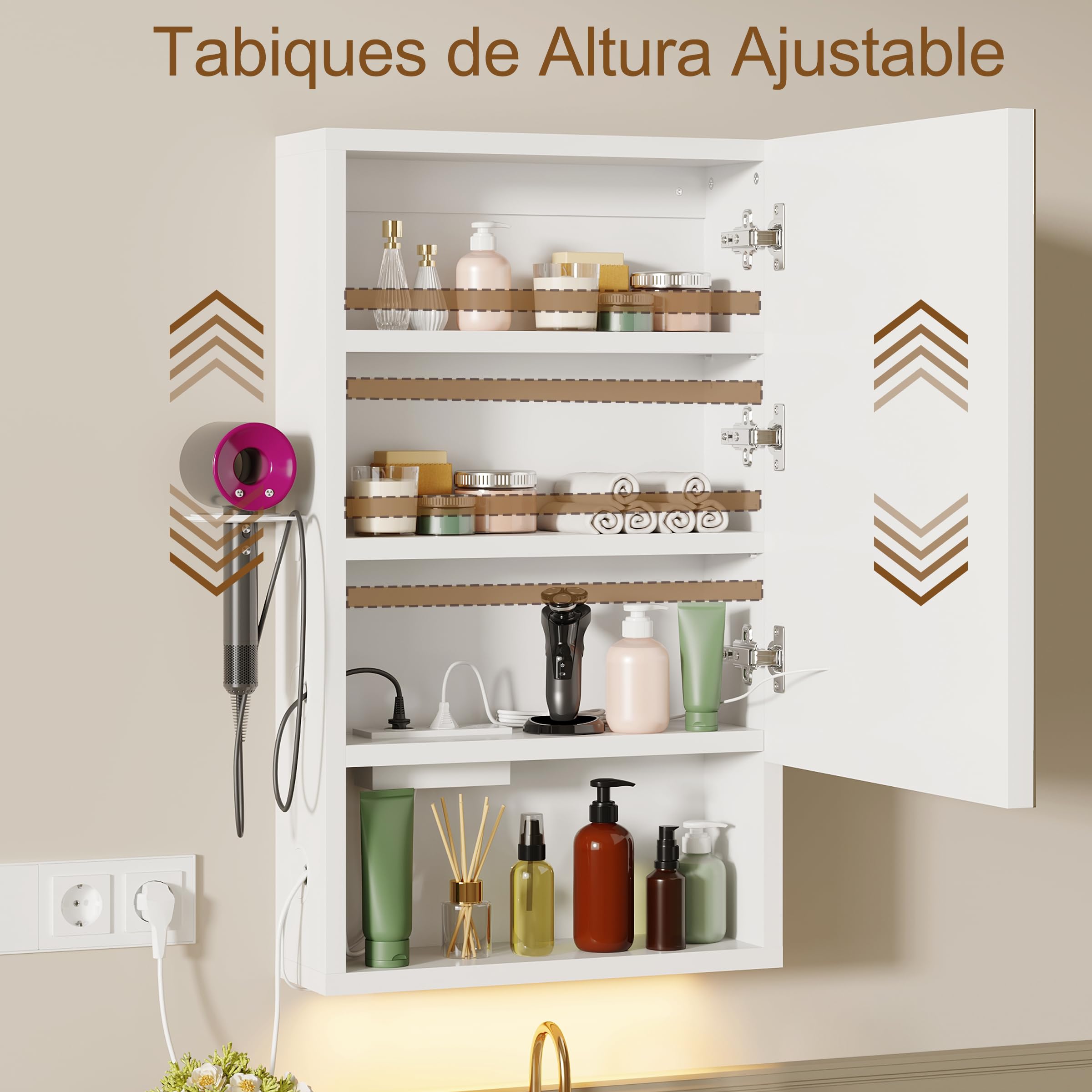 Armario Baño con Espejo LED iluminación y Función de desempañadora Armario Baño Espejo de Pared con reloj y pantalla de temperatura, Enchufe,4 compartimentos y Soporte para secador de Pelo,47x80x16cm