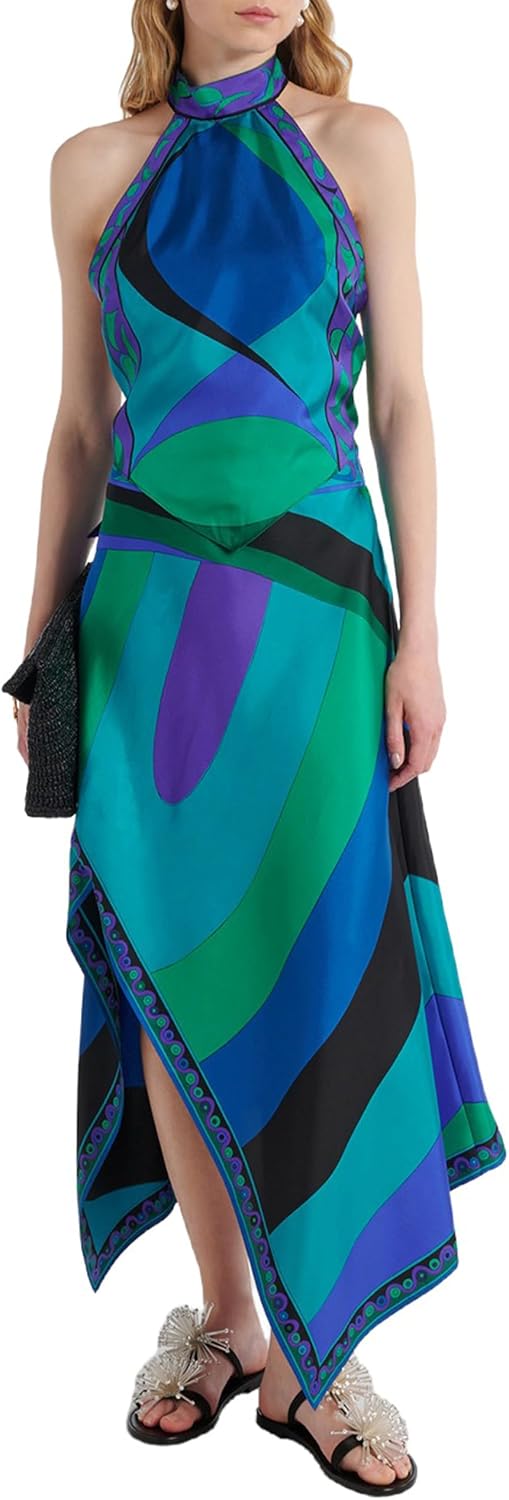 Sexy Two Piece Skirt Set for Women Printed Satin Halter Tops and Irregular Maxi Skirts Vacation Outfits