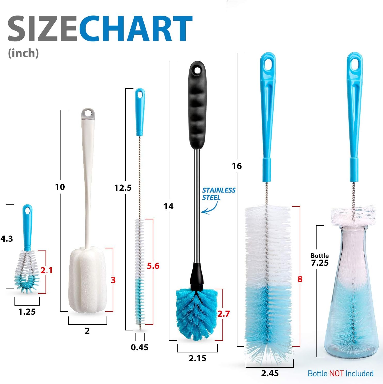 Holikme 5 Pack Bottle Brush Cleaning Set，Long Handle Bottle Cleaner for Washing Narrow Neck Beer Bottles, Wine Decanter, Narrow Cup，Pipes, Hydro Flask Tumbler, Sinks, Cup Cover，White : Health & Household