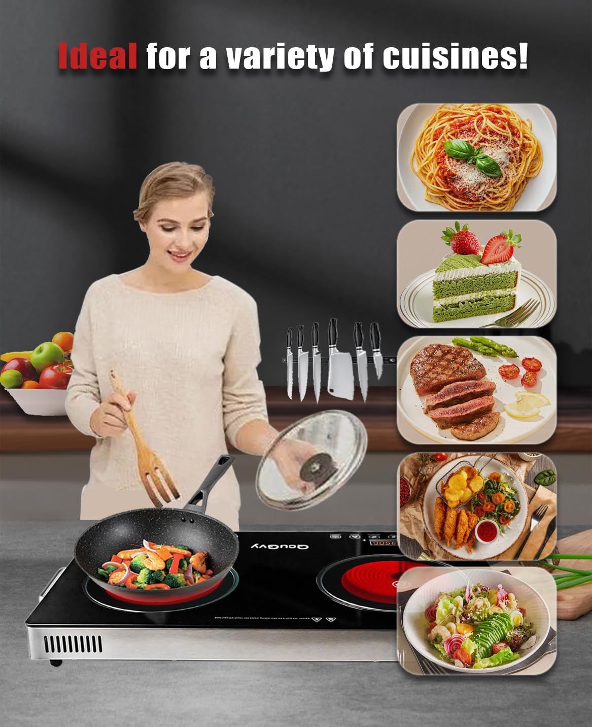 23" Portable Infrared 2 Burner 3500 Electri Burner with 2 Hours Timer-Electric Hot Plate Touch Control Panel Adjustable Heating Power Glass Plate Electric Cooktop for Cooking