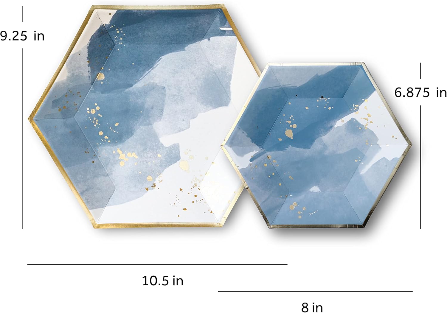 Harlow & Grey Malibu Watercolor Large Party Plates Set, 24 Ct Pack, 10.5” Elegant Disposable Paper Dinnerware Supplies for Birthday, Wedding, Shower, Anniversary, Engagement, Holiday, Blue & Gold