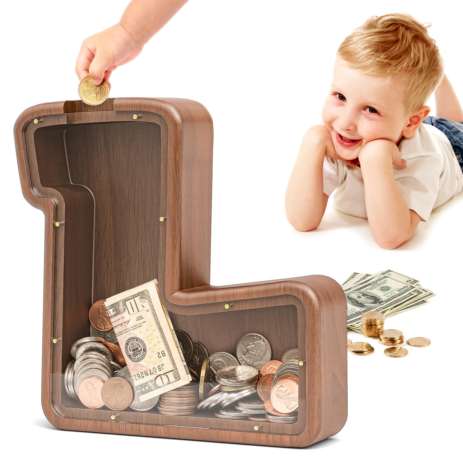 Summidate Letter Piggy Bank for Smarts Kids Girls Wooden Savings Box for Boys Coin Banks for Baby,Personalized Cute Initial Money Banks, Birthday Gift