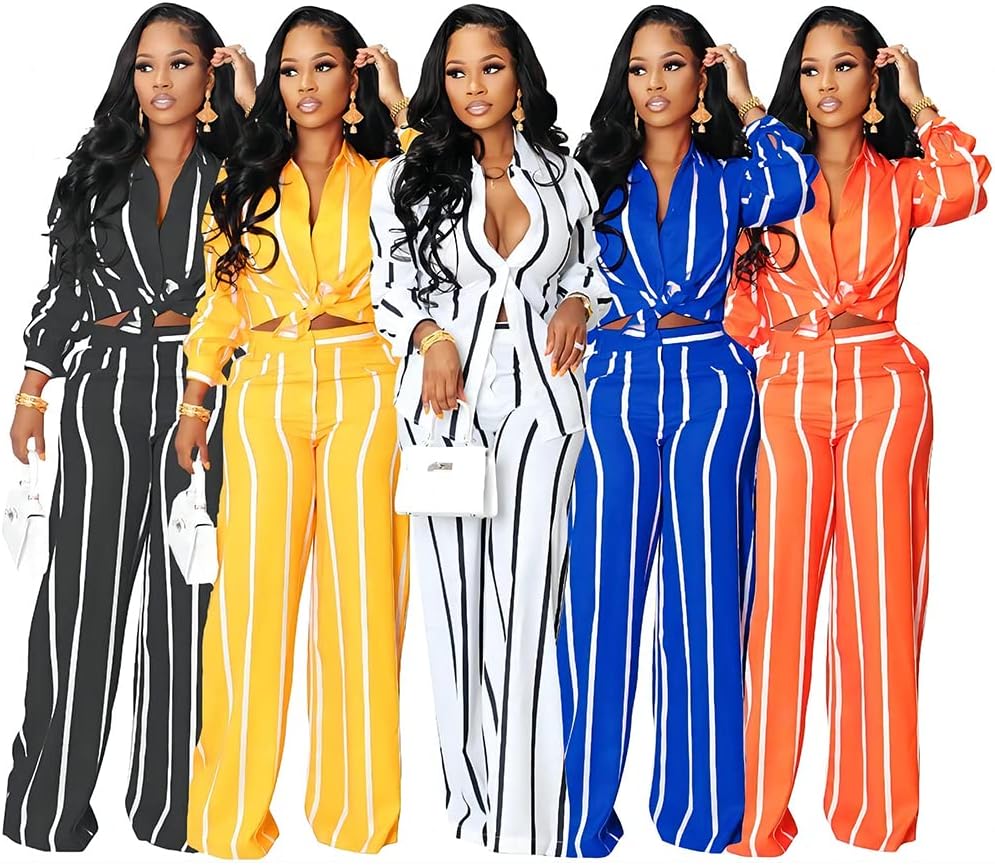 Remelon Women's Casual Two Piece Outfits Striped Long Sleeve Collar Button Down Shirt Blouse High Waist Wide Leg Pants Sets - Image 5