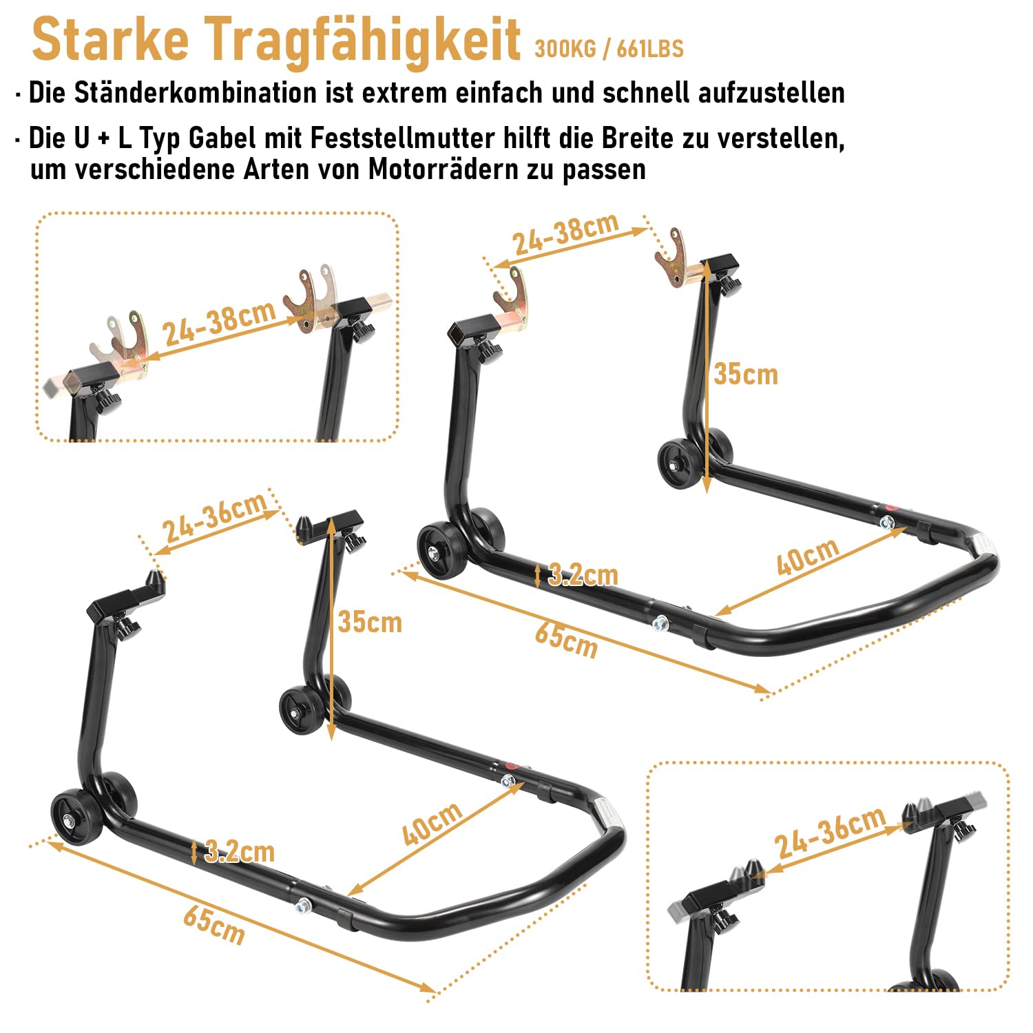 Eulenke Stojak montażowy do motocykla, podnośnik do 300 kg, wysoka stabilność, podnośnik montażowy z adapterem, praktyczny stojak transportowy z regulowaną szerokością, uchwyt na koła z przodu i z