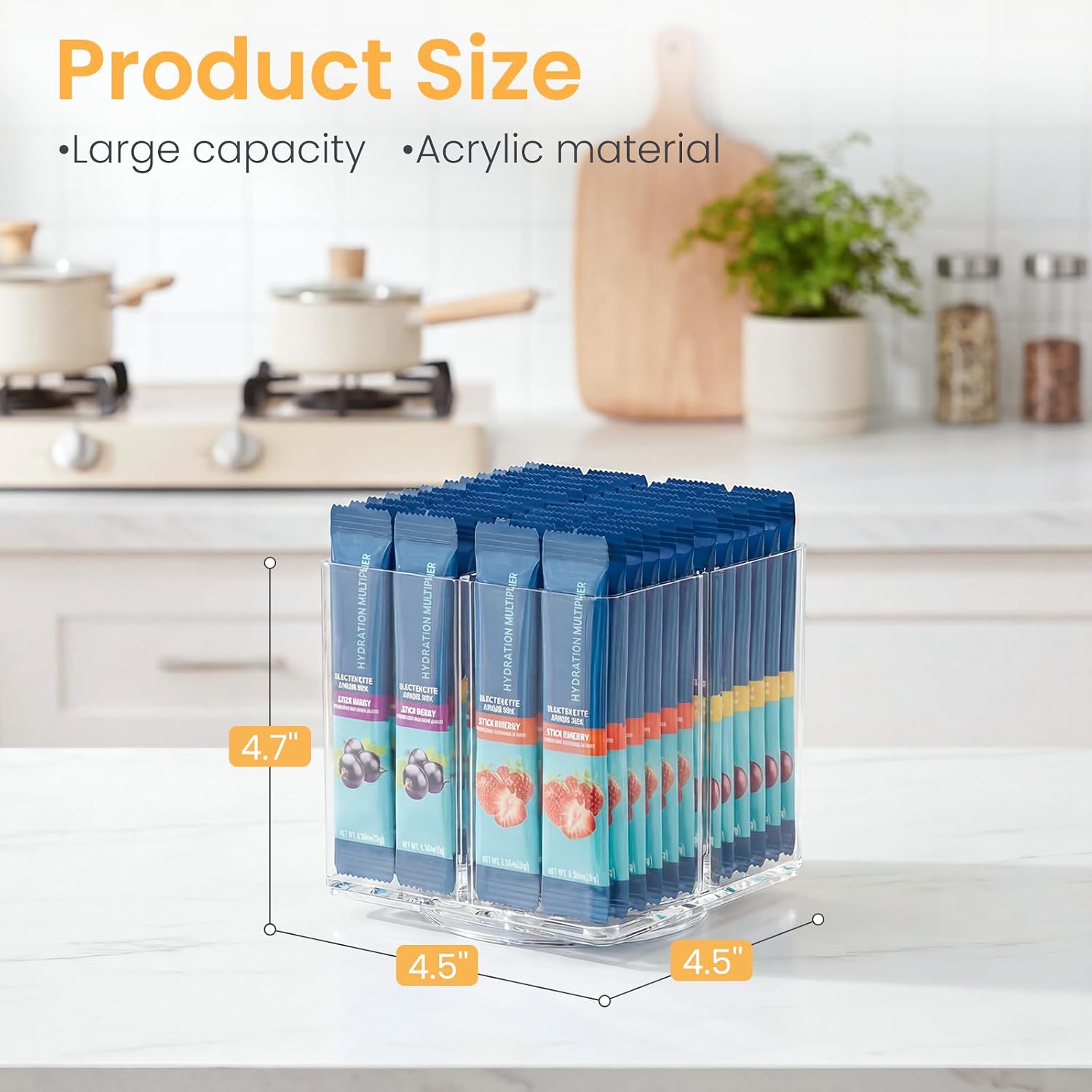 360° Rotating Acrylic Drink Packet Organizer, 4 Slot Water Flavor Packets Holder, Lazy Susan Water Packet Organizer for Drink Mix,Instant Coffee,Tea Sugar Packets Storage for Cabinet Kitchen Pantry