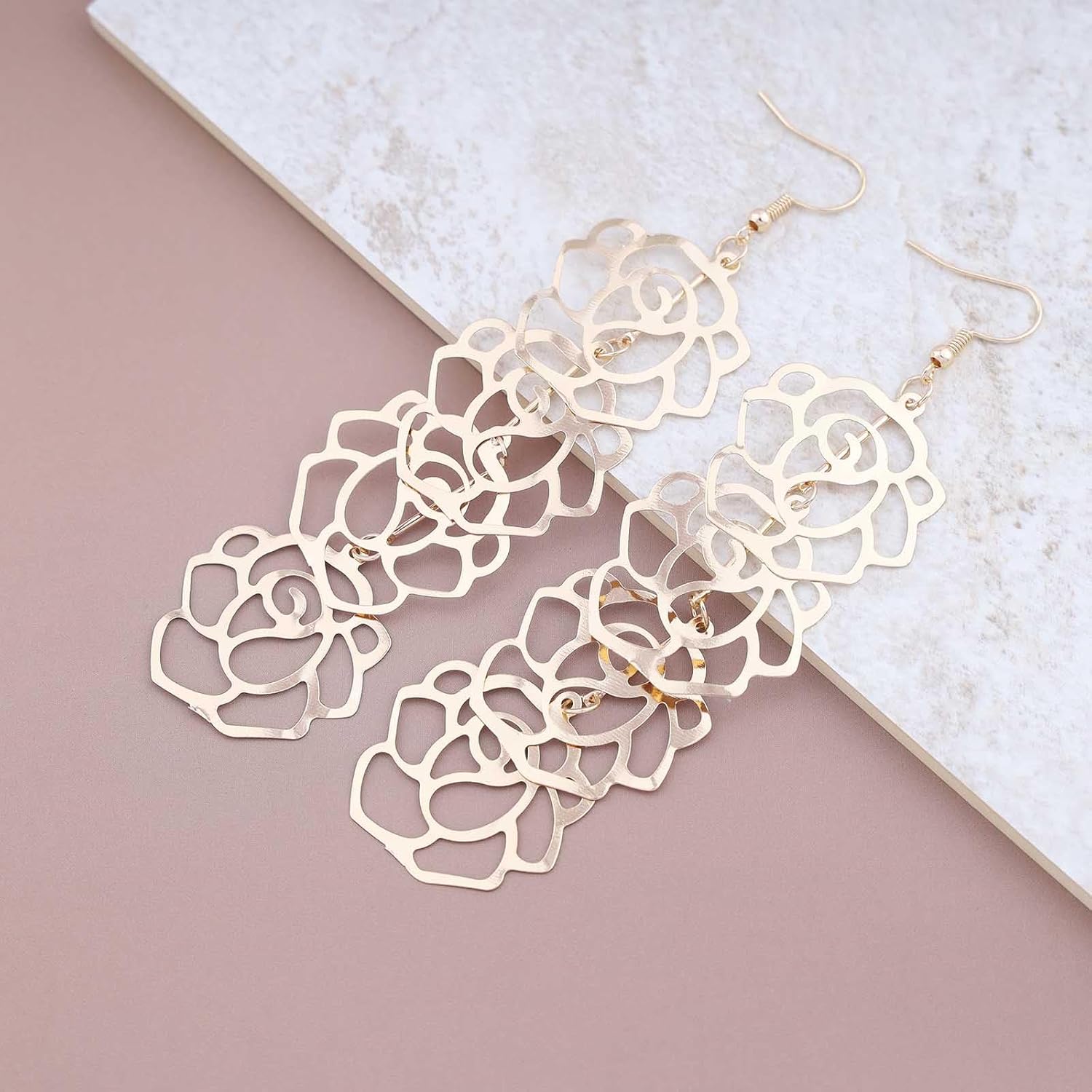 Andelaisi Boho Hollow Flower Dangle Earrings Vintage Filigree Flower Earrings Gold Rose Flower Hook Earrings Flower Super Lightweight Earrings Jewelry for Women - Image 6