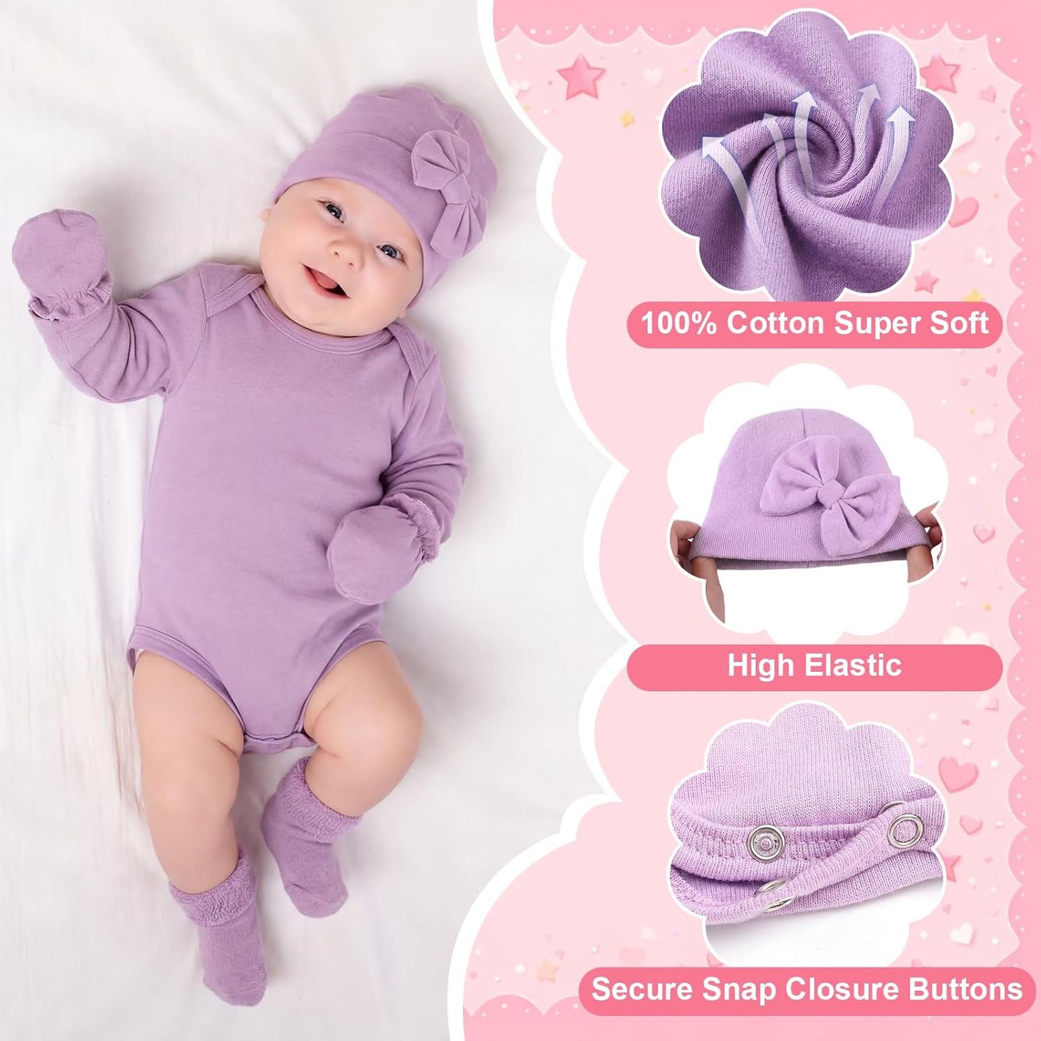 Liitrsh 4 Set Preemie Layette Bodysuit Long Sleeve Outfit Clothes Hat Mittens Socks for Nicu Premature Baby Boys Girls Gifts