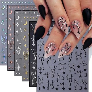 Star Nail Stickers for Nail Art 3D Self Adhesive Sun Moon Nail Decals Retro Black Sliver Gold Nails Design Star Stickers Cute Nails Supplies for Women DIY Acrylic Manicure Decoration Accessories 6Pcs