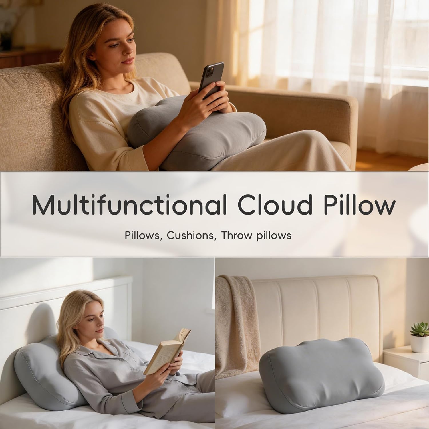 Cloud Pillow Cervical Neck Suport Pillows Ergonomic Cloud Memory Foam Sleep Pillow for Neck Pain Relief with Cool Pillow Case for Side,Back,Stomach Sleeper (Gray, Queen Size)