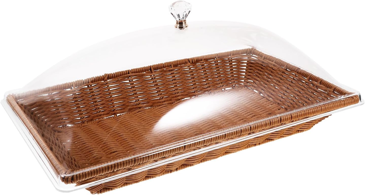 Amosfun Rattan Bread Basket with Lid, Rectangular Wicker Basket, Food Storage Basket, Serving Bowl for Bread Snack Fruit Vegetable Kitchen Counter Organizing 41X26X18CM
