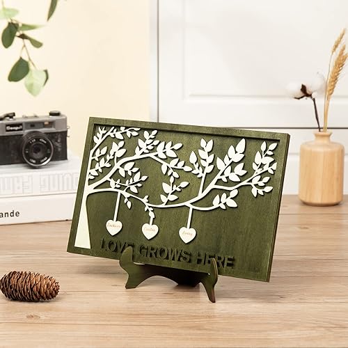 Vista 77 de Árbol genealógico con etiqueta de corazón, placas de madera grabadas personalizadas, regalos personalizados para madres, padres, escritorio, nombres