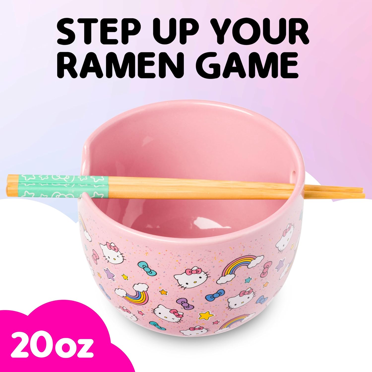 Silver Buffalo Sanrio Hello Kitty Bows Stars Rainbow Pattern Ceramic Ramen Noodle Rice Bowl with Chopsticks, Microwave Safe, 20 Ounces - Image 2