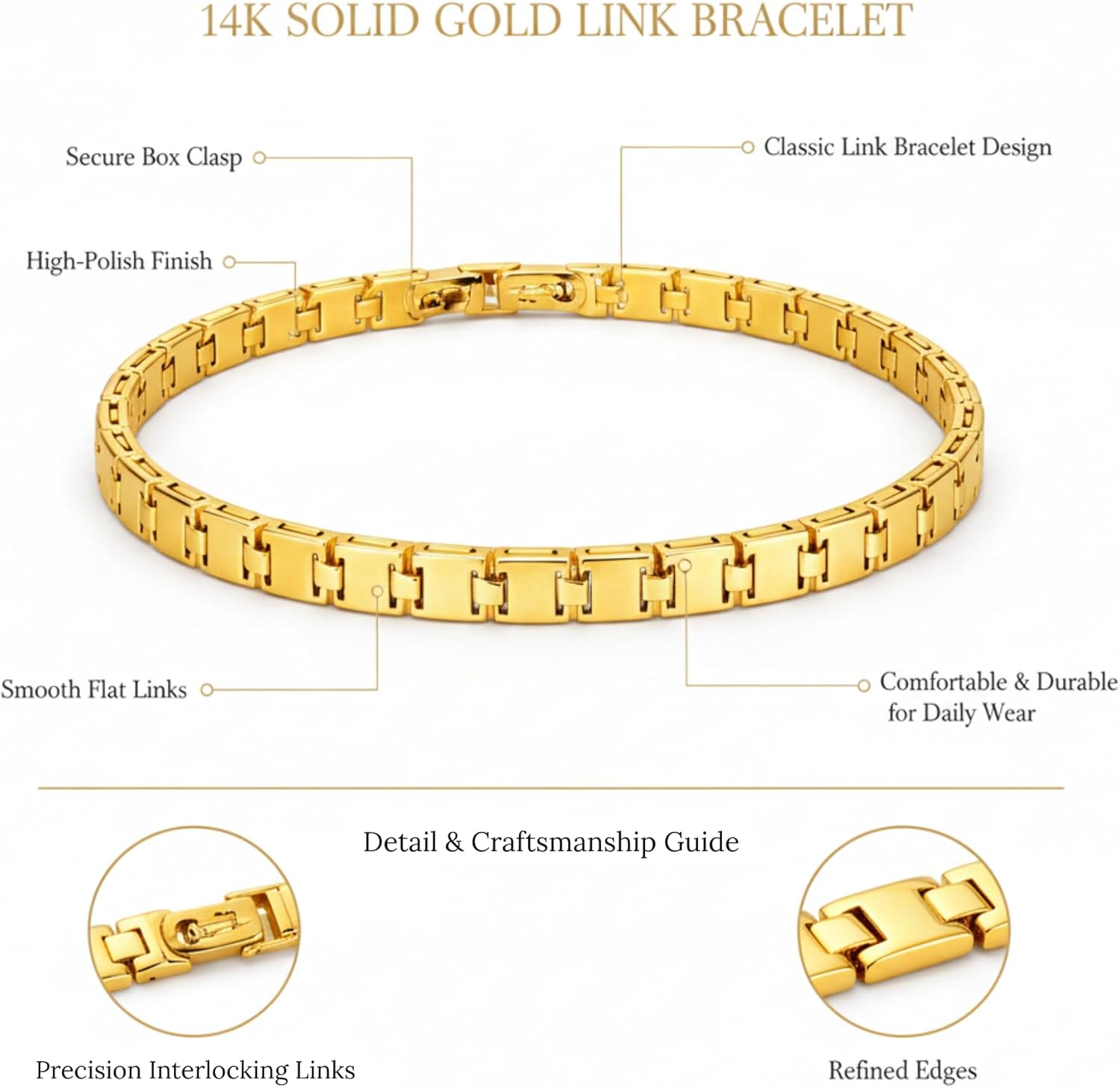 14K Solid Yellow Gold H-Link Bracelet for Women & Men - 14K Real Gold H-Link Bracelet for Men & Women Jewelry Gifts