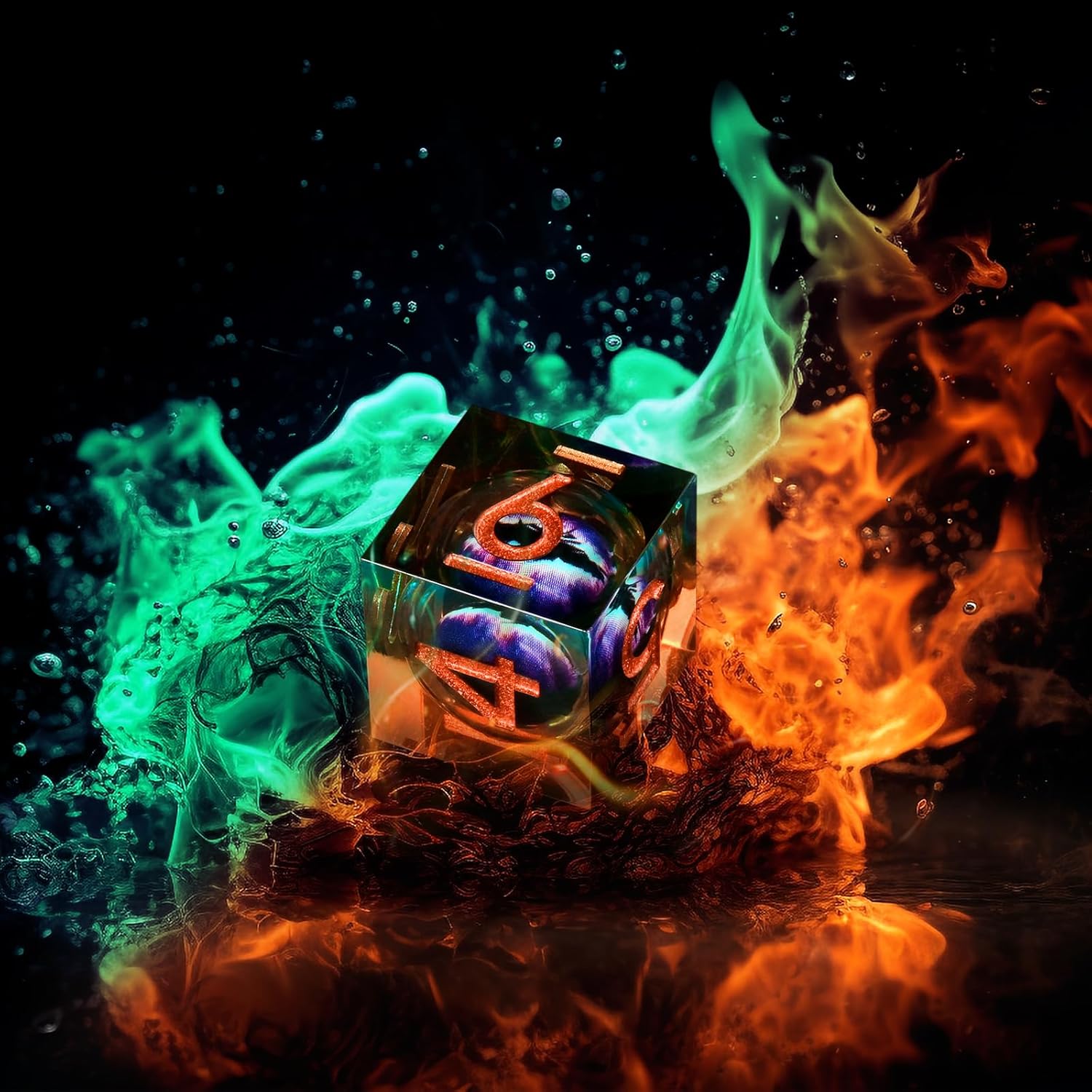 GiGiGuGu DND Dice Set – Dragon Eye Liquid Core Sharp Edge Resin Dice Set 7pcs with Metal Gift Box for Role Playing Games (Chronoglass – Copper & Teal)