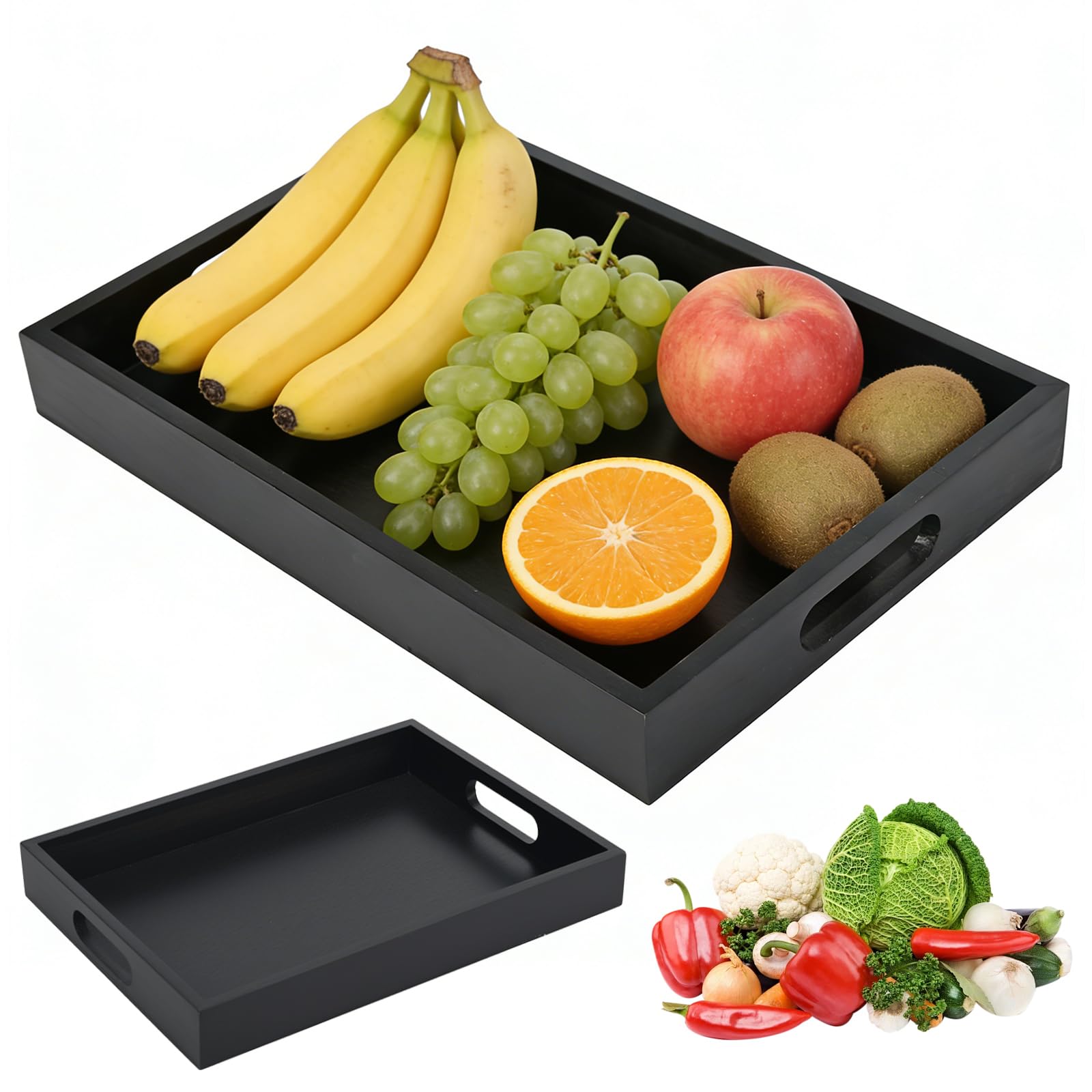 YYTECH Bamboo Serving Tray with Handles, Serving Tray 34 x 24 x 4 cm, Black Wooden Tray for Dinner, Breakfast, Food, Snack, Coffee Table, Home Decorative Storage for Bed, Tea, Kitchen