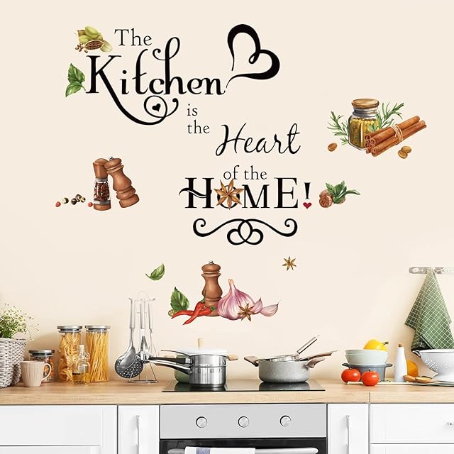 wondever Kitchen Food Wall Stickers Quotes The Kitchen is The Heart of Home Word Saying Peel and Stick Wall Art Decals for Dining Room Restaurant