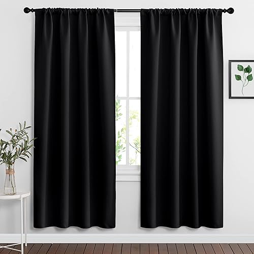 RYB HOME - Cortinas opacas para ventana de dormitorio (42 de ancho x 72 de largo, negro, 2 piezas) con bolsillos para barra, paneles de ventanas,